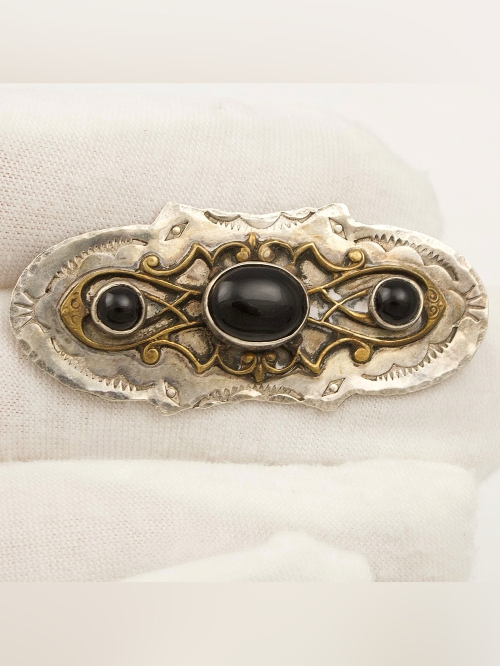Vintage Artisan Sterling Silver and Brass Brooch with Black Onyx Stones